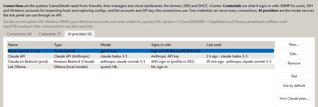 The AI providers tab: Claude on Amazon Bedrock signing in with an AWS profile, the Claude API with a key, Azure OpenAI with Microsoft Entra ID, and a local Ollama