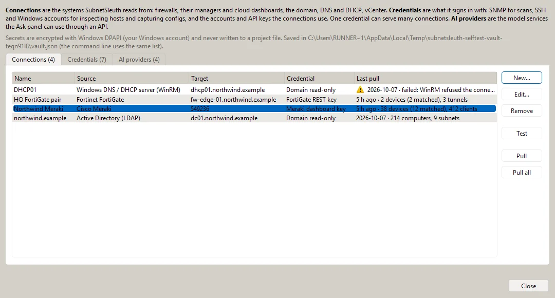 The Connections and credentials window: four saved connections with their source, target, credential and last pull